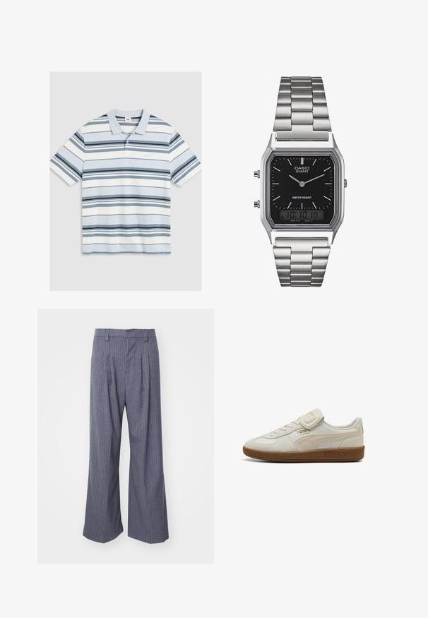 Šviesiai mėlynas polo marškinėlis su horizontaliomis tamsiai mėlynomis, jūrų mėlynomis ir baltomis juostelėmis. Pasižymi apykakle, trumpomis rankovėmis ir maža emblema ant krūtinės.; Pilkos smailių dryžių kelnės su plačiomis kojomis, priekyje turinčios klostes ir lygaus paviršiaus tekstūrą. Nėra matomų detalių ar akcentų.; Baltos odinės sportbačiai su tekstūruotomis detalėmis, kaučiuko padu ir auksine logotipo detalė. Su šnūrą ir velcro juostele užsegimui.; Sidabrinis nerūdijančio plieno kvarcinis laikrodis su juodu stačiakampiu ciferblatu, turintis analoginius rodykles, skaitmeninį ekraną ir vandeniui atsparumo etiketes.