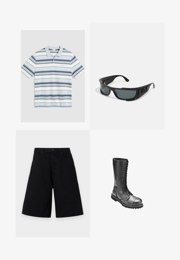 Világoskék pólóing vízszintes sötétkék, tengerészkék és fehér csíkokkal. Gallérral, rövid ujjal rendelkezik, és egy kis logó található a mellrészen.; Fekete farmer rövidnadrág laza szabással, klasszikus öt zsebes dizájnnal és gombos zárással, sima textúrával és egyenes szárú fazonnal.; Fekete bőrből készült, fűzős harci csizmák magas szárú kivitelben, kerek orral, párnázott gallérral és texturált gumitalppal a jobb tapadás érdekében.; Fekete műanyag kerettel, szürke lencsékkel, körbeölelő kialakítással, oldalsó díszítésekkel és logós részlettel ellátott napszemüveg.