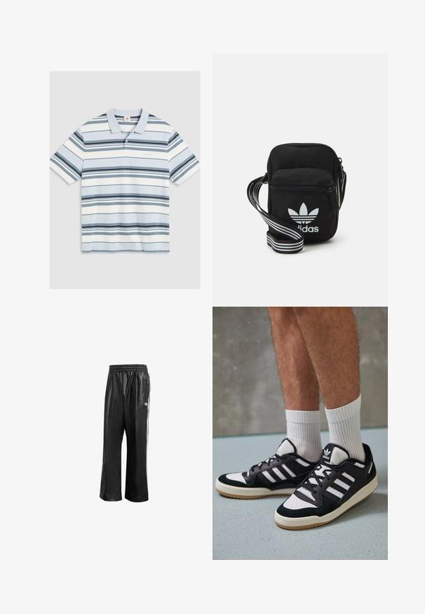 Jasnoniebieska koszulka polo z poziomymi paskami w ciemnoniebieskim, granatowym i białym kolorze. Posiada kołnierz, krótkie rękawy oraz małe logo na piersi.; Czarne syntetyczne spodnie dresowe z elastycznym pasem, z białymi paskami po bokach i małym białym logo na lewym biodrze.; Czarno-białe sneakersy z zamszową i skórzaną cholewką, z trzema białymi paskami, perforowanym czubkiem i gumową podeszwą w kolorze gumy.; Czarna torba crossbody wykonana z materiału, z zamknięciem na zamek błyskawiczny, z białym logo Adidas oraz regulowanym paskiem w paski, co ułatwia noszenie.