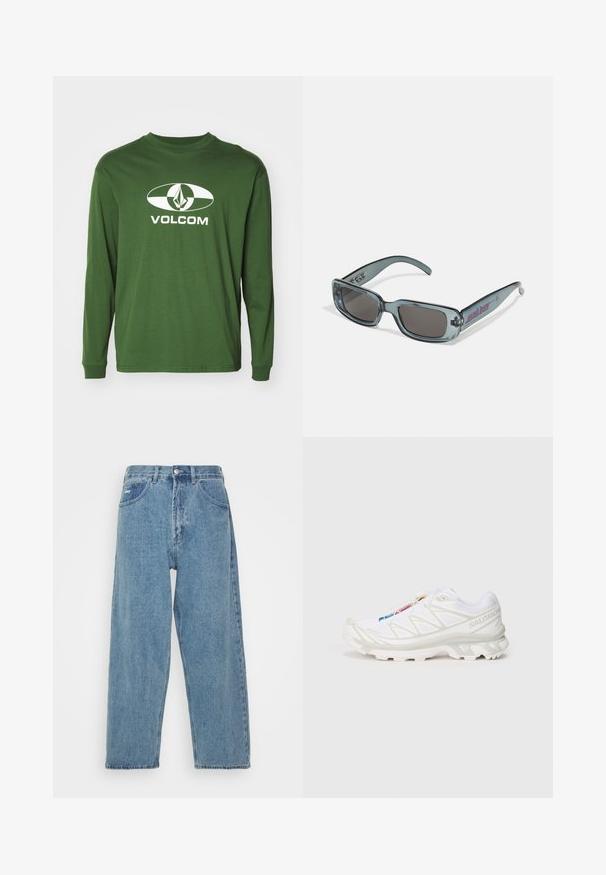Grön långärmad t-shirt i bomull med en vit oval logotyp som har en diamantform och texten "VOLCOM" centrerad under.; Ljust blå denimjeans med hög midja och avspänd passform, med två framfickor, en bakficka och knappstängning.; Vit träningssko med texturerad mesh-övre, reflexdetaljer och en dämpad sula. Framträdande varumärkeslogotyp på sidan.; Santa Cruz INFERNO UNISEX - Solglasögon - crystal black