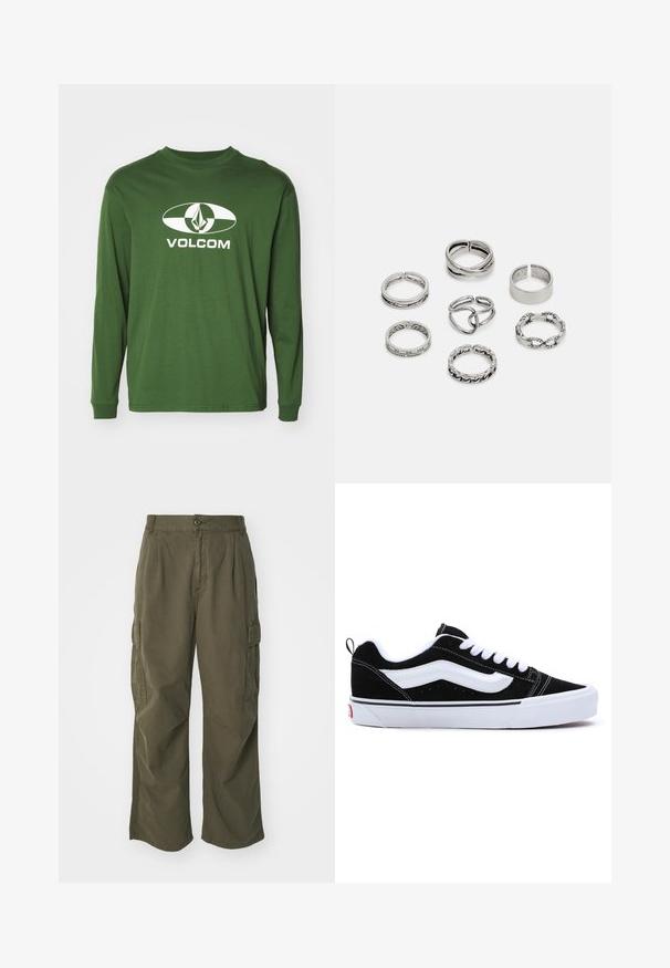 T-shirt de manga longa verde em algodão com um logotipo oval branco e uma forma de diamante, com o texto "VOLCOM" centralizado abaixo.; Calças cargo em verde oliva, feitas de algodão, com um design de perna larga, pregas e bolsos laterais para utilidade.; Sapatilhas em camurça preta com detalhes brancos, apresentando um design de cano baixo, fecho com atacadores e uma sola grossa de borracha branca. Logo da marca no calcanhar.; Conjunto de sete anéis de prata com vários designs, incluindo padrões torcidos, entrelaçados e gravados. Diferentes formas e larguras.