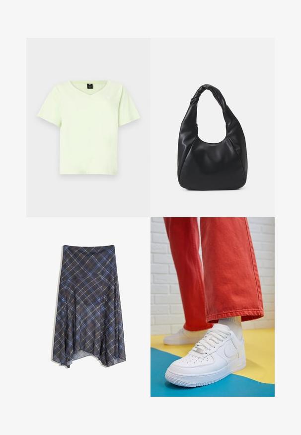 Maglietta a V verde chiaro in cotone. Maniche corte, vestibilità rilassata e un piccolo logo sul petto. Texture liscia senza motivi.; Gonna a quadri nera con linee blu e marroni, design fluido, di lunghezza media, realizzata in tessuto leggero con una texture morbida.; Sneaker bianco in pelle con punta perforata, suola testurizzata e lacci bianchi, abbinati a pantaloni rossi larghi e uno sfondo blu e giallo.; Borsa hobo nera realizzata in materiale similpelle liscio con manico intrecciato, caratterizzata da una forma morbida e arrotondata e una chiusura superiore con cerniera.; Orecchini a cerchio in oro con una finitura liscia e lucida. Design circolare con un piccolo perno e una chiusura trasparente per un indosso sicuro.