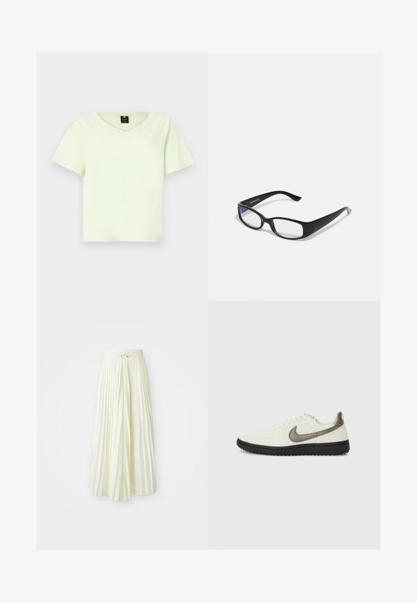 Heleda roheline V-kaelusega T-särk, mis on valmistatud puuvillast. Lühikesed varrukad, mugav lõige ja väike logo rinnal. Sile tekstuur ilma mustriteta.; Kergelt kollasel kangast volditud midi seelik, millel on elastne vöökoht koos nööriga, sile tekstuur ja vertikaalsed triibud lisadetailideks.; Nike Sportswear FIELD GENERAL - Tossud - off-white/black; Mustad mustad prillid selgete läätsedega. Läikiv viimistlus, kitsad vars, ja läätsede servadel on nähtav lilla varjund.
