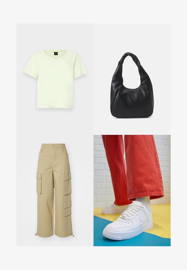 Svetlozeleno T-majica s V-izrezom, izdelana iz bombaža. Kratki rokavi, sproščen kroj in majhen logotip na prsih. Gladka tekstura brez vzorcev.; Bež hlače cargo z širokimi nogami, dvema velikima stranskima žepoma, sprednjima žepoma in detajlom s ponjavico na robu. Mešanica bombaža.; Beli usnjeni športni čevlji s perforiranim prstnim delom, teksturiranim podplatom in belimi vezalkami, v kombinaciji s širokimi rdečimi hlačami in modro-rumeno ozadje.; Črna hobo torba iz gladkega materiala, ki spominja na usnje, s prepletenim ročajem, ki ima mehak, zaobljen obliko in zgornje zadrgo.; Zlate uhane v obliki obročkov z gladko, sijočo površino. Krožna zasnova s majhnim nosilcem in prozornim podplatom za varno nošenje.