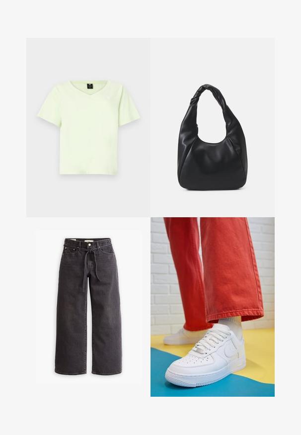 Heleda roheline V-kaelusega T-särk, mis on valmistatud puuvillast. Lühikesed varrukad, mugav lõige ja väike logo rinnal. Sile tekstuur ilma mustriteta.; Mustad laiad mustad teksapüksid, mis on valmistatud denimist, joonisega vöökoha, viie tasku ja kontrastsete õmblustega. Lame esiosa.; Valge nahast tennis, millel on perforeeritud varvas, tekstureeritud tallad ja valged shoelaces, kombineeritud laia punase pükste ja sinise ning kollase taustaga.; Must värvi hobo kott, mis on valmistatud siledast nahataolisest materjalist, keeratud käepidemega, pehme ja ümar kuju ning ülemise tõmblukuga sulgur.; Kuldne rõngassõrmused sileda ja läikiva viimistlusega. Ringikujuline disain, millel on väike post ja selge tagumine külg, et tagada kindel kandmine.