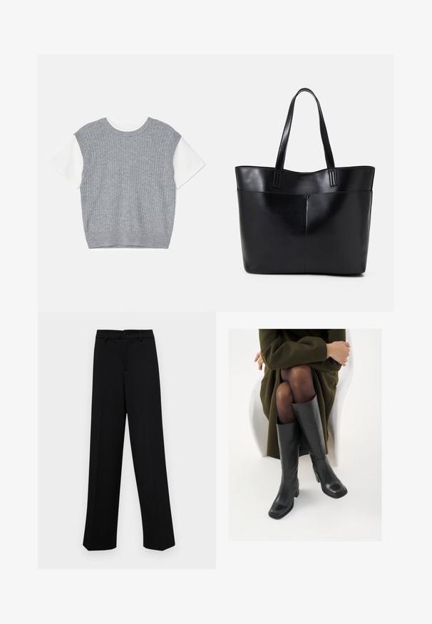 Grau gestrickter Pullover mit kurzen weißen Ärmeln. Strukturierter Rippenstoff, runder Ausschnitt und verkürzter Saum. Weicher Stoff mit lockerer Passform.; Schwarze, weit geschnittene Hosen aus glattem Stoff, mit einem klassischen Taillenbund und einem Knopfverschluss sowie vorderen Falten.; Knöchelhöhe schwarze Lederstiefel mit quadrater Spitze und Blockabsatz, gezeigt mit einem Modell, das einen olivgrünen Mantel trägt. Glatte Textur, minimale Details.; Schwarze Leder-Shopper-Tasche mit zwei langen Griffen, einer glatten Textur und einer strukturierten Form. Verfügt über eine Vordertasche für zusätzlichen Stauraum.