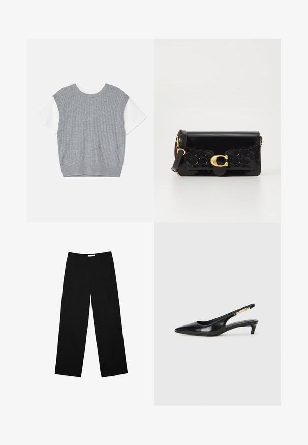 Maglione grigio lavorato a maglia con maniche corte bianche. Motivo a coste strutturato, scollatura rotonda e orlo corto. Tessuto morbido con una vestibilità rilassata.; Pantaloni a gamba larga in tessuto nero, caratterizzati da una texture liscia, un design pulito e una zip laterale discreta per la chiusura.; Tacchi slingback in pelle nera con punta affusolata, caratterizzati da un tacco alto e un accento dorato sulla cinghia regolabile. Texture liscia.; Borsa a tracolla nera in vernice con hardware dorato, incluso un fermo. Presenta un design testurizzato e tracolla removibile. Forma rettangolare compatta.