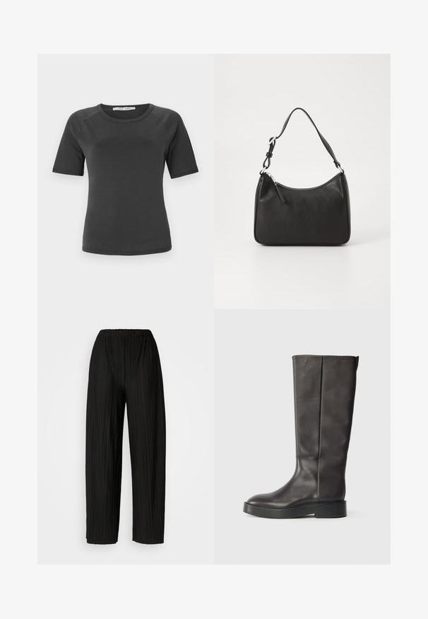 Dark gray short-sleeve t-shirt with a round neckline, made of smooth fabric, featuring raglan sleeves and a minimalist design.; Black pleated wide-leg pants with an elastic waistband. The fabric features vertical pleats and a smooth texture.; Black knee-high leather boot with thick sole and subtle Calvin Klein logo near the top edge, shown from the side.; Black leather handbag with a curved shape, a single strap, zip closure, and subtle branding on the front. Smooth texture, minimalist design.