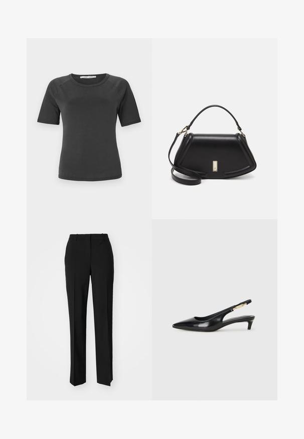T-shirt grigio scuro a maniche corte con scollatura rotonda, realizzato in tessuto liscio, con maniche raglan e un design minimalista.; Pantaloni neri su misura con un design a gamba dritta, caratterizzati da una texture liscia e pieghe ben definite sul davanti. Senza hardware visibile.; Tacchi slingback in pelle nera con punta affusolata, caratterizzati da un tacco alto e un accento dorato sulla cinghia regolabile. Texture liscia.; Borsa a mano in pelle nera con un design strutturato, caratterizzata da una forma corta, manico superiore e accessori in metallo dorato. Inclusa tracolla regolabile.