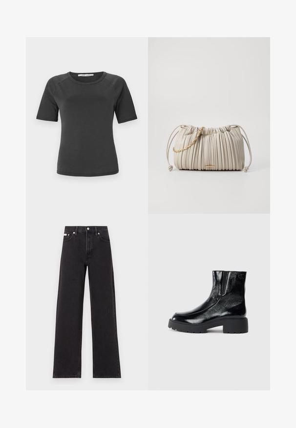 Dunkelgraues Kurzarm-T-Shirt mit Rundhalsausschnitt, aus glattem Stoff, mit Raglanärmeln und einem minimalistischen Design.; Schwarze weit geschnittene Jeans aus Denim mit einem hoch sitzenden Bund, fünf Taschen und einem Metallknopfverschluss mit kontrastierendem Nähte.; Schwarze Knöchelstiefel mit glänzender Lackleder-Oberfläche, einer kräftigen gummierten schwarzen Sohle und Absatz; mit dezentem Logodetail an der Seite.; Faltige cremefarbige Handtasche aus weichem Material, mit einer geflochtenen Kettenakzent in Gold und einem Kordelzugverschluss für eine verstellbare Form.