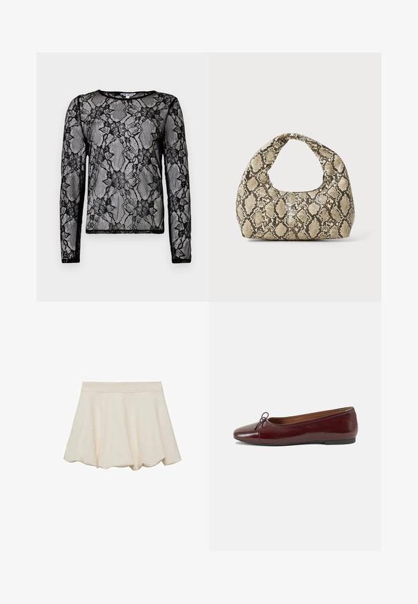 Schwarzes Langarmoberteil aus transparenter Spitze mit Blumenmustern, runder Ausschnitt und kontrastierenden schwarzen Abschlüssen an den Rändern.; Cremfarbene Bluse mit einer weichen, glatten Textur, schwingendem Design und einem gewellten Saum. Verfügt über einen breiten, elastischen Bund für zusätzlichen Komfort.; Burgunderfarbenes, lackiertes Ballettschuh mit abgerundetem Zehenbereich, kleiner Schleifenakzent vorne und einer niedrigen, schwarzen Gummisohle. Glatte Textur.; Schlangenmuster-Tasche mit einem gebogenen Griff. Hergestellt aus strukturierten, beige- und braunfarbenen Materialien, die ein markantes Diamantmuster aufweisen.