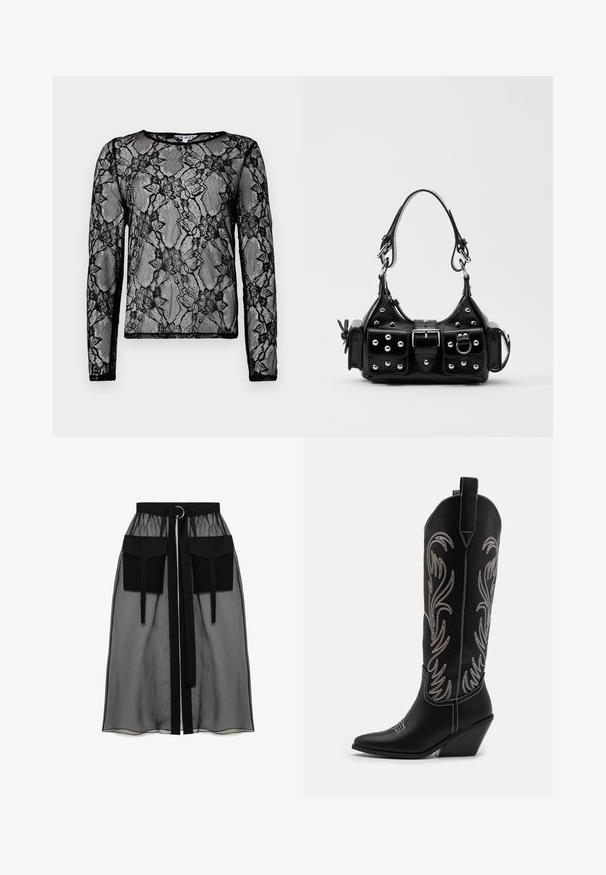 Black long-sleeve top made of sheer lace featuring floral patterns, a rounded neckline, and contrasting black trim around the edges.; Black sheer skirt with a gathered waistband, featuring two large front pockets, a waist tie, and a circular metal accent.; Black leather cowboy boots with pointed toes, wedge heels, and silver embroidered floral patterns along the shaft. Contrast stitching throughout.; Black leather handbag with a curved design, featuring silver studs, a buckle, and two side pockets. Adjustable strap for carrying options.