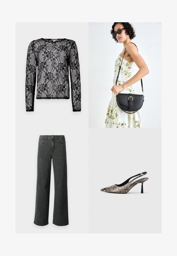 Blusa de manga longa preta feita de renda transparente com padrões florais, gola redonda e acabamento em preto contrastante nas bordas.; Calças de perna larga em denim cinza escuro, apresentando uma textura sutil de padrão zebra, costura em contraste e um design de cinco bolsos com fecho de botão.; Sapatos slingback de bico fino feitos de material texturizado com padrão de cobra, apresentando um salto preto esguio e um design recortado nas laterais.; Bolsa de couro preta com forma curva, alça destacável e detalhes em dourado. A bolsa possui uma aba com detalhe de fivela.