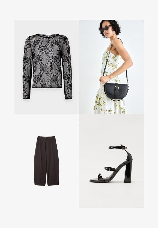 Top noir à manches longues en dentelle transparente, avec des motifs floraux, un col rond et des bords contrastés noirs.; Pantalons larges noirs en tissu lisse, avec une taille haute, des plis avant et des poches latérales. Design simple sans embellissements.; Sandales à talons hauts en cuir verni noir avec deux brides à boucles, bout carré et talon bloc épais, présentant une texture lisse et brillante.; Sac à main en cuir noir avec une forme courbée, bandoulière amovible et des accessoires en or. Le sac est doté d'un rabat avec un détail de boucle.