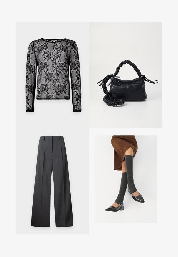 Fekete, hosszú ujjú felső átlátszó csipkéből, virágmintákkal, kerek nyakkivágással és kontrasztos fekete béléssekkel a széleken.; Széles szárú nadrág sötétszürke anyagból, magas derekú, egyes redőkkel, sima textúrával és tiszta befejezéssel a szegélyeken.; Fekete lakk bőrből készült, hegyes orrú cipők, tömbsarkúakkal és bokapánttal, szürke bordás lábszármelegítőkkel és barna velúr szoknyával párosítva.; Fekete műbőr kézi táska krokodil bőr textúrával, összehúzható tetejű és gyűrt pánttal. Lágy és kompakt dizájnúnak tűnik.