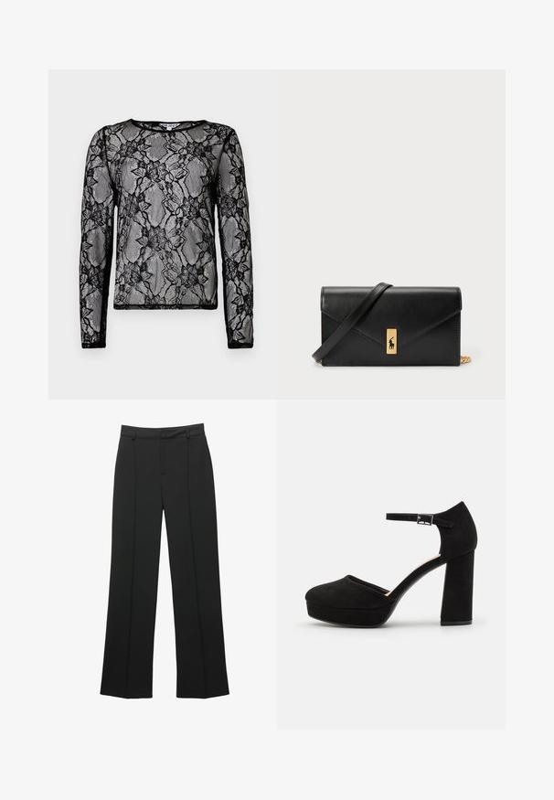 Schwarzes Langarmoberteil aus transparenter Spitze mit Blumenmustern, runder Ausschnitt und kontrastierenden schwarzen Abschlüssen an den Rändern.; Schwarze hochtaillierte weit geschnittene Hosen mit Gürtelschlaufen und einer vorderen Nahtdetails, auf einem weißen Hintergrund präsentiert.; Schwarze Wildleder-Plattformabsätze mit einem dicken Blockabsatz, runder Zehenpartie und einem Knöchelriemen, der mit einer Metallschnalle gesichert ist. Glatte Oberfläche über das gesamte Schuhwerk.; Schwarze Leder-Geldbörse mit Klappverschluss, goldfarbener Hardware und Logo-Akzent. Inklusive abnehmbarem Trageriemen.