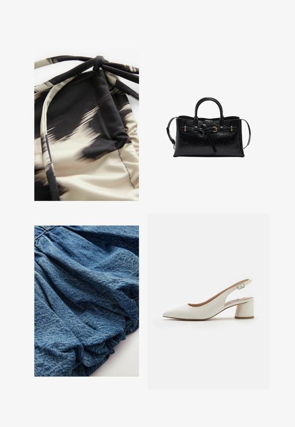 Leichtes Schwimmstoffgewebe mit einem abstrakten beige-schwarzen Muster, das eine geraffte Textur und verstellbare Bänder für die Passform bietet.; Denimstoff in einem tiefen Blauton, mit geraffter Textur, die sanfte Falten erzeugt. Glatte Oberfläche mit subtilen Farbvariationen.; Weiße Leder Slingback-Pumps mit spitzem Zehenbereich, mittelhohem Blockabsatz und verstellbarem Riemen. Sanfte Textur; minimalistisches Design.; Schwarze Lederhandtasche mit strukturiertem Finish, strukturiertem Design, doppelten Griffen und abnehmbarem Schultergurt. Akzente aus goldfarbenem Metall.