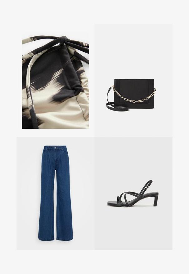 Könnyű úszónadrág szövet, absztrakt bézs és fekete mintával, gyűrt textúrával és állítható kötésekkel a megfelelő illeszkedés érdekében.; Magas derekú, széles lábú kék farmernadrág, elülső gomb- és cipzárzárral, valamint elülső és hátsó zsebekkel, sima háttér előtt.; Fekete pántos szandál négyzetes orral és alacsony blokk sarkal. Több vékony pánttal és állítható boka pánttal rendelkezik. Sima bőrből készült.; Fekete bőr keresztpántos táska, sima textúrával, téglalap alakú és fém lánc részlettel az elején. Állítható pánttal ellátva.