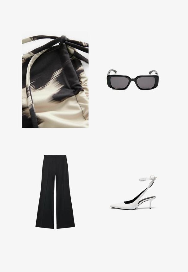 Lättvikts badklädesmaterial med ett abstrakt mönster i beige och svart, med samlad textur och justerbara band för passform.; Svarta vida byxor med en slät textur, med framfickor och skräddarsydd design. Tyget är lätt och flödande.; Vita spetsiga slingbackklackar med en smal ankelrem. Slätt lädermaterial, smal stilettklack och en svart inre foder.; Svarta rektangulära solglasögon med mörka linser, slimmad plastbåge och böjda tempel. Designen är kraftig med en minimalistisk estetik.