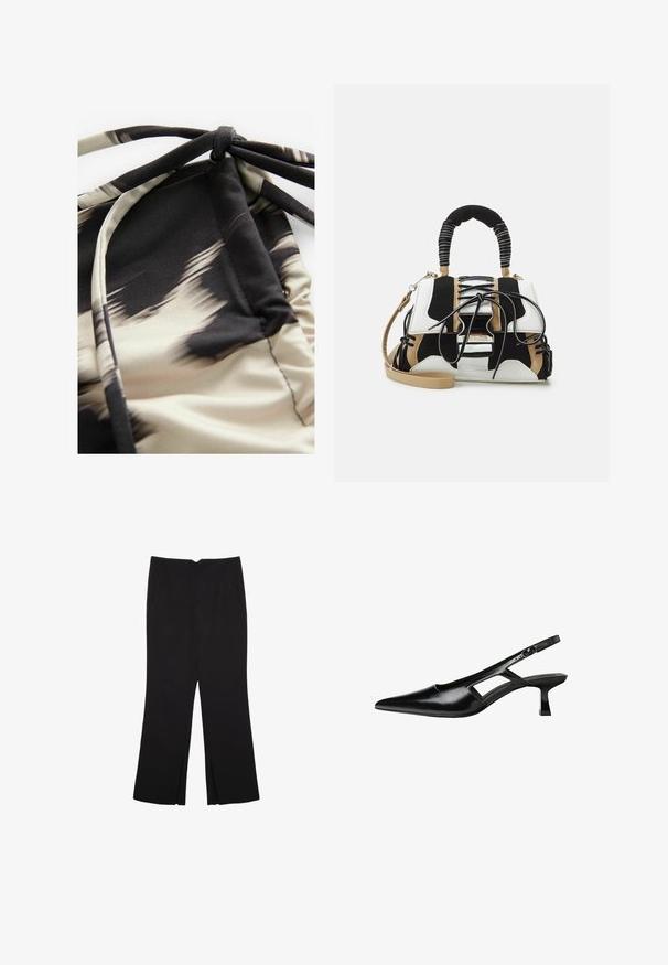 Tissu de maillot de bain léger avec un motif abstrait beige et noir, présentant une texture froncée et des liens ajustables pour un bon ajustement.; Pantalon noir avec une coupe droite, doté de poches avant et d'éclairs sur l'ourlet. Fabriqué en tissu doux et lisse. Convient à diverses occasions.; Escarpins slingback en cuir verni noir avec un bout pointu, un design découpé sur les côtés et un petit talon carré. Texture lisse avec des accents minimaux.; Sac à main multicolore en maille noire, blanche et beige. Présente une poignée texturée, un design à lacets et une bandoulière amovible.