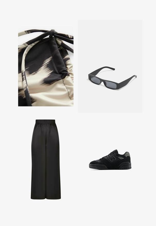 Tissu de maillot de bain léger avec un motif abstrait beige et noir, présentant une texture froncée et des liens ajustables pour un bon ajustement.; Pantalons larges noirs en tissu lisse et brillant, avec une taille élastique et sans poches ni détails en métal visibles.; Baskets basses noires avec semelle texturée, design à lacets, panneaux en daim et accents à motifs sur le talon et le logo sur le côté.; Lunettes de soleil noires rectangulaires avec des verres foncés et des montures en mat épais. Les branches sont légèrement effilées avec une texture lisse.
