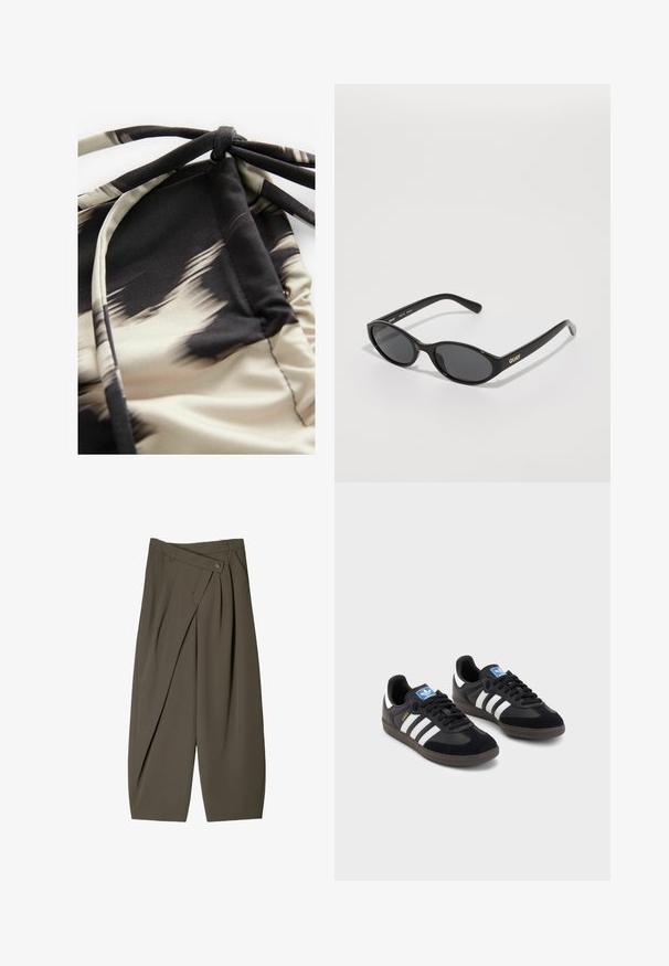 Ľahký plavkový materiál s abstraktným béžovým a čiernym vzorom, s nabrúsenou textúrou a nastaviteľnými viazaniami pre dokonalé prispôsobenie.; Široké nohavice z tmavozelenej látky s plisovaným predným dizajnom, gombíkovým zapínaním a lesklým, textúrovaným povrchom.; Čierne tenisky so zvrškom z semišu a syntetického materiálu, s tromi bielymi pruhmi, štruktúrovanou gumovou podrážkou a modrou logovou etiketou na jazyku.; Čierne slnečné okuliare s okrúhlymi sklenými šošovkami, lesklý plastový rám a logo "QUAY" v zlatej farbe na boku. Obsahujú tmavo zatienené sklá.