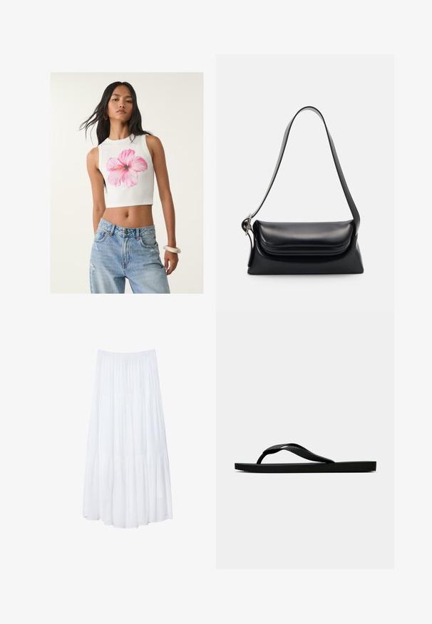 Bílý bezrukávový crop top s potiskem růžových ibišků, v kombinaci se světle modrými roztrhanými džíny. Hladký bavlněný materiál.; Bílá, vrstvená maxi sukně vyrobená z lehkého materiálu. Má elastický pas a volný střih s jemnou, subtilní texturou.; Černé gumové žabky s texturovaným páskem a jednoduchou plochou podrážkou, zobrazené z boku na světlém pozadí.; Černá kožená kabelka se strukturovaným tvarem, hladkým povrchem a jedním ramenním popruhem. Obsahuje jemně zaoblený design klopy.