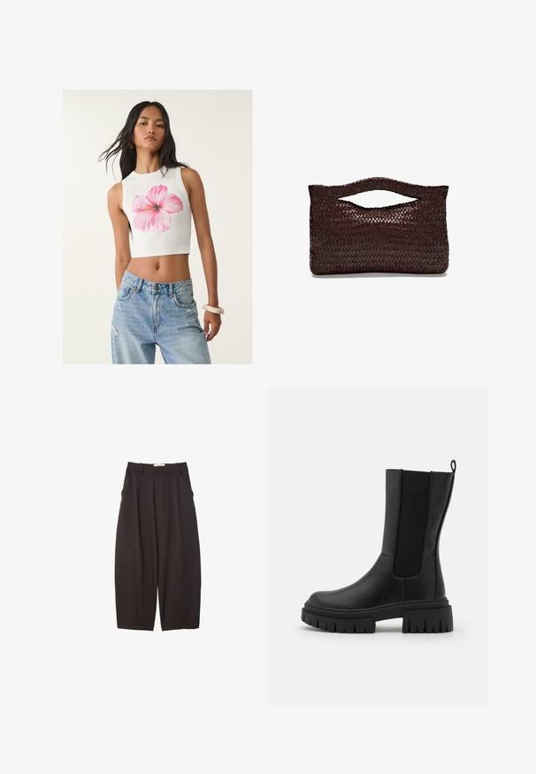Biały, bezrękawnikowy crop top z nadrukiem różowych kwiatów hibiskusa, w połączeniu z jasnoniebieskimi, przetarciami jeansami. Gładki materiał bawełniany.; Czarne spodnie o szerokich nogawkach wykonane z gładkiego materiału, z wysokim stanem, plisami z przodu i bocznymi kieszeniami. Prosty fason bez zdobień.; Czarne botki za kostkę wykonane ze skóry z teksturowaną powierzchnią, elastycznymi bocznymi panelami i grubą, żebrowaną podeszwą dla lepszej przyczepności.; Torebka z brązowej, plecionej skóry z zaokrąglonym uchwytem u góry i otwartą sylwetką, charakteryzująca się teksturowaną powierzchnią oraz eleganckim, minimalistycznym designem.