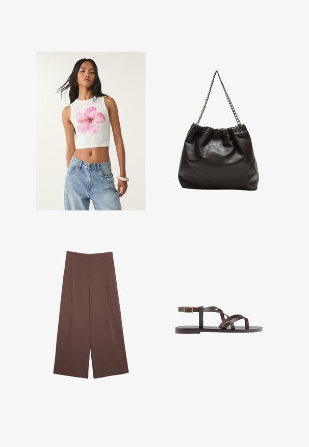 Top corto bianco senza maniche con stampa di fiori hibiscus rosa, abbinato a jeans chiari strappati. Materiale in cotone morbido.; Pantaloni ampi marroni con una texture liscia, caratterizzati da una vita alta e pieghe frontali. Il tessuto è leggero e scorre liberamente.; Sandal in pelle marrone con cinturini incrociati, chiusura con cinturino alla caviglia e suola piatta con dettagli di cucitura minimi.; Borsa in pelle marrone con parte superiore arricciata e tracolla a catena. Texture liscia con finitura lucida e dettagli di cucitura sottili sui lati.