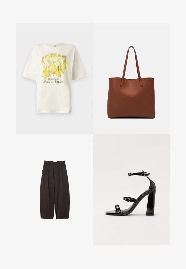 Krem majica s kratkim rukavima, koja sadrži grafiku žutog limuna i natpis "LES CITRONS" i "Limonade Frais et Naturel."; Crne široke hlače napravljene od glatke tkanine, s visokim strukom, prednjim nabranjima i bočnim džepovima. Jednostavan dizajn bez ukrasa.; Crne lakirane sandale na pete sa kvadratnim nosom, trakama oko gležnja i srebrnim kopčama. Imaju čvrst blok petu za stabilnost.; Smeđa kožna torba preko ramena s glatkom teksturom, otvorenim vrhom i dvjema naramenicama. Ima minimalne šavove i nema vidljivog hardvera.
