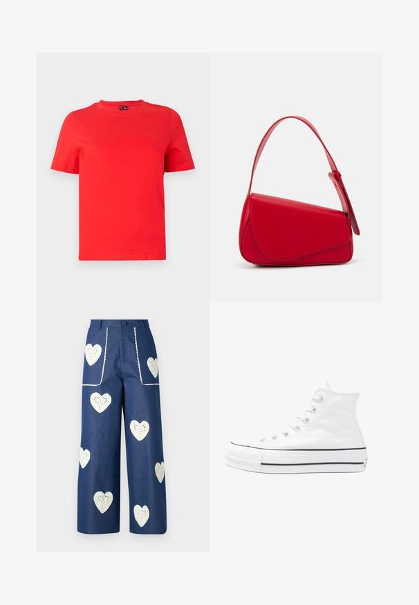 T-shirt de algodão vermelho com gola redonda, mangas curtas e uma textura suave. Design simples, sem padrões ou adornos.; Sister Jane HEART TO HEART - Calças de ganga de perna direita - blue denim; Sapatilha alta de tela branca com sola de borracha preta, bico de borracha na frente e seis ilhós para os atacadores, apresentando um design limpo e minimalista.; Bolsa de mão em couro vermelho com um design angular e geométrico. Apresenta uma única alça ajustável e um fecho com aba, com detalhes cosidos.