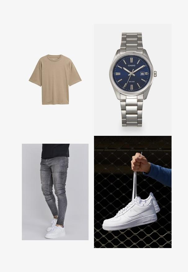 Vaahto beige lyhythihainen t-paita rentoa istuvuutta, pyöreä pääntie ja sileä tekstuuri. Ei näkyviä kuvioita tai käyttöyksityiskohtia.; Kapeat farkut haalistuneessa harmaassa denimmateriaalissa, joissa on kuluneet yksityiskohdat polvissa, yhdistettyinä valkoisiin lenkkareihin. Suora pinta, kapea leikkaus.; Valkoiset nahkasneakersit, joissa on rei'ityksiä, pyöreä kärki, tasapohja ja paksut nauhat, joissa on näkyvä swoosh-logo ja "AIR" kantapäässä.; Harmaa ruostumaton teräs rannekello, jossa on tummansininen kellotaulu, metalliset tuntimerkit ja päivämääränäyttö kello 3:ssa. Vesitiivis 50 metriin asti.