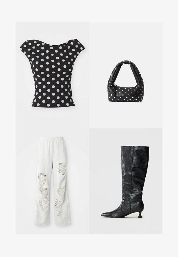 Top preto com bolinhas brancas, apresentando um decote largo, fora dos ombros, e um formato ajustado. Feito de um tecido macio e elástico.; Calças de treino cinza claro com um ajuste solto, apresentando vários remendos desgastados, textura suave e uma cintura elástica.; Botas pretas de imitação de pele de crocodilo, até ao joelho, com textura lustrosa, bico fino e um salto angular e esguio. Design clássico e silhueta elegante.; Bolsa de mão de couro preto com uma pega curva, apresentando embellishments em polka dot prateados e um fechamento em zip de um dos lados.