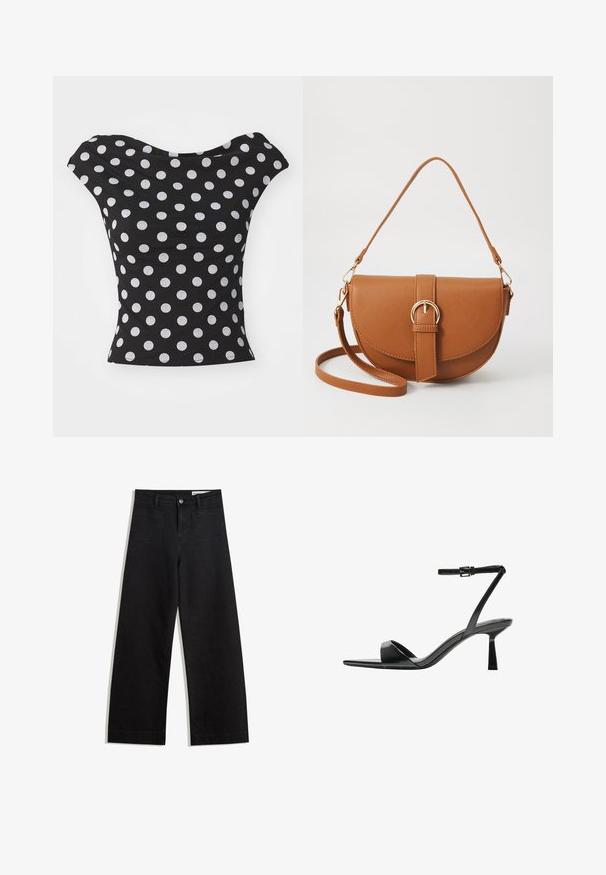 Černý top s bílými puntíky, s širokým výstřihem bez ramínek a přiléhavým střihem. Vyrobeno z měkké, elastické látky.; Černé denimové kalhoty s volným střihem a vysokým pasem, vybavené předními a zadními kapsami, prošívanými švy a knoflíkovým zapínáním. Hladká textura.; Bershka Sandály na vysokém podpatku - black; Hnědá kožená křížová taška s zakřiveným tvarem, zlatými detaily a akcentem s přezkou. Obsahuje odnímatelný popruh na rameno.