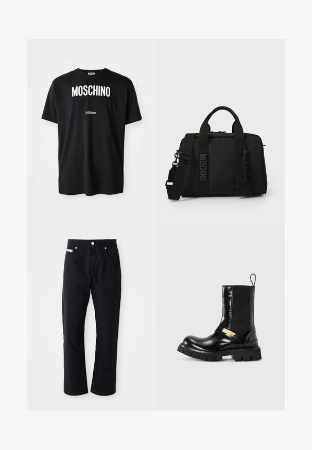 Juodas medvilnės marškinėliai su apvaliu iškirpimu. Savybė - ryškus baltas tekstas: "MOSCHINO" viršuje ir "Milano" apačioje. Paprastas, klasikinis dizainas.; Juodi medvilniniai kelnių su tiesia kojų forma, penki kišeniai, sidabriniai aksesuarai ir subtilus tekstūruotas paviršius.; Juoda odinė kulkšnė boot su elastinėmis šoninėmis juostomis, auksiniu akcento dirželiu ir masyvia juoda gumine padanga. Lygus paviršius su apvaliu pirštu.; Juodas tekstilinis krepšys su dviem rankenomis ir nuimamą petnešą. Yra iškeltas logo ir odinis etiketas. Lygus paviršius, stačiakampio formos.