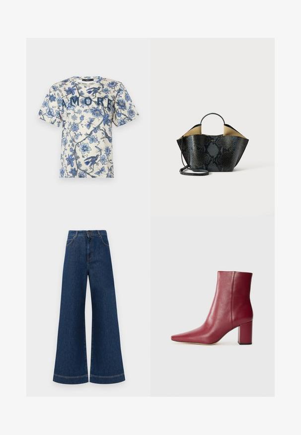 Weekend Max Mara RADIO - T-shirt imprimé - azzurro; Jeans en denim bleu à taille haute et jambes larges, avec une fermeture à bouton, des passants de ceinture et des détails de couture subtils le long des poches et des ourlets.; Botte chelsea en cuir bordeaux avec un bout pointu, un talon bloc et une texture lisse, présentant un design sans couture sans matériel visible.; Sac à main en motif peau de serpent noir et gris avec un design structuré, des poignées doubles et une bandoulière ajustable. Il dispose d'un intérieure beige.