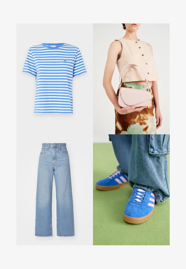 Blauw en wit gestreepte kortarie t-shirt gemaakt van katoen, met een ronde hals en een klein geborduurd logo op de borst.; Lichtblauwe high-waist wijde jeans met een knoop- en ritssluiting aan de voorkant, voor- en achterzakken, op een witte achtergrond.; Blauwe suède schoenen met roze strepen en witte veters, voorzien van een gumrubberen zool, gecombineerd met losse denim broek op een groene ondergrond.; Roze leren handtas met een gebogen klep, één schouderband en strakke lijnen. De tas vertoont een gladde textuur en een minimalistisch ontwerp.