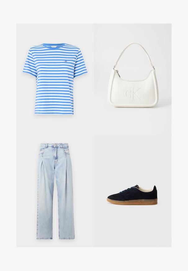 Blue and white striped short-sleeve t-shirt made of cotton, featuring a crew neck and a small embroidered logo on the chest.; Light blue denim jeans with a high waist, wide-leg cut, two side pockets, and pleated design feature. Soft texture with a faded finish.; Navy suede sneaker with a gum rubber sole, blue laces, and minimalist design. Features embossed logo on the side and smooth inner lining.; White leather handbag with a curved shape, featuring an embossed "CK" logo on the front and a single shoulder strap. Zipper closure at top.