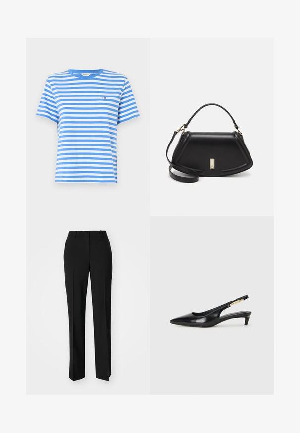 Blue and white striped short-sleeve t-shirt made of cotton, featuring a crew neck and a small embroidered logo on the chest.; Black tailored trousers with a straight-leg design, featuring a smooth texture and crisp creases along the front. No visible hardware.; Black leather slingback heels with a pointed toe, featuring a slim heel and a gold-tone accent on the adjustable strap. Smooth texture.; Black leather handbag with a structured design, featuring a cropped shape, top handle, and gold hardware accent. Adjustable shoulder strap included.