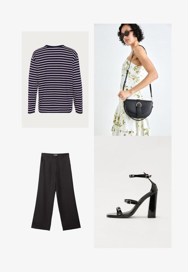 Langarmshirt in marineblauw met witte horizontale strepen, met een ronde halslijn en van zacht katoen.; Zwarte wijde broek van gladde stof, met een ritssluiting aan de voorkant en twee zijzakken, een getailleerde pasvorm en een minimalistisch ontwerp.; Zwarte gepatenteerde sandalen met hak en een vierkante neus, enkelbandjes en zilveren gespen. Heeft een stevige blokhak voor stabiliteit.; Zwarte leren handtas met een gebogen vorm, afneembare schouderband en gouden hardware. De tas heeft een klep met een gespsluiting.