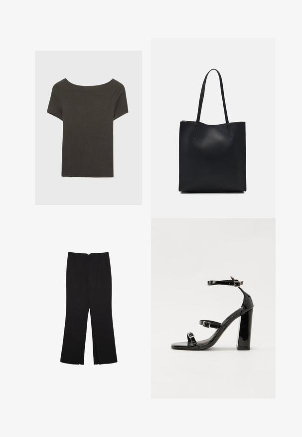 Mørkegrå kortærmet top med bådudskæring. Lavet af ribbet stof, med en afslappet pasform og en ren kant. Enkelt design, ingen mønstre.; Sorte bukser med lige pasform, der har frontlommer og slidser i kanten. Lavet af blødt, glat stof. Velegnet til forskellige anledninger.; Sorte patenterede hælsandaler med firkantet tå, ankelremme og sølvspænder. Har en chunky blokHæl for stabilitet.; Sort læder tote taske med glat tekstur, rektangulær form og to lange hanke. Ingen synlig hardware eller udsmykninger.