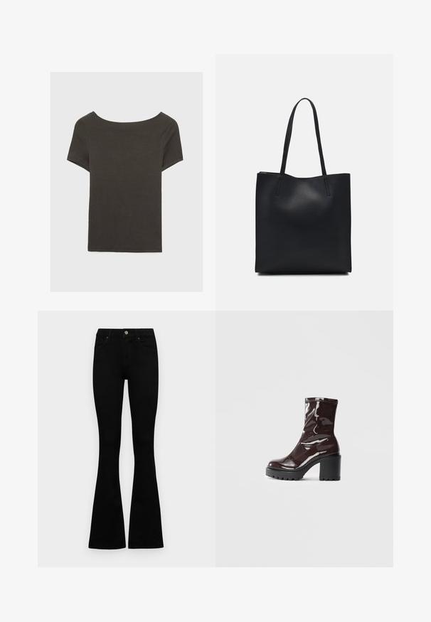 Mørkegrå kortærmet top med bådudskæring. Lavet af ribbet stof, med en afslappet pasform og en ren kant. Enkelt design, ingen mønstre.; Sorte højtaljede jeans med knap- og lynlåslukning, forlommer og flagrende ben, lagt fladt på en hvid baggrund.; Glatte burgunder ankelstøvler med en chunky sort hæl, der har en glat tekstur og et simpelt design. Ingen synlige lukninger eller mønstre.; Sort læder tote taske med glat tekstur, rektangulær form og to lange hanke. Ingen synlig hardware eller udsmykninger.