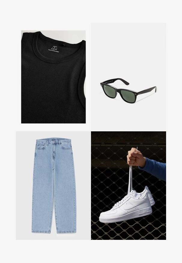 Mustmustank, mis on valmistatud ribakudumisest ja millel on kitsas siluett. Omab ümmargust kaelust ja lamedaid õmblusi, et saavutada sujuv viimistlus.; Heled sinise denimi sirgete põlvede lõikega teksad, millel on keskmise kõrgusega vöökoht, viis taskut ning nööbid ja tõmblukk.; Valged nahast tennisetossud, millel on perforatsioonid, ümar nina, lame tallus ja paksud nöörid, nähtava swooshi logoga ja "AIR" kontsadel.; Mustad mustan plastiku prillid roheliste läätsedega, ruudukujulised raamid, hõbedane aksent kulmude peal ja tekstuuriga tempelkäed. Brändi nimi on märgitud sisevarrele.