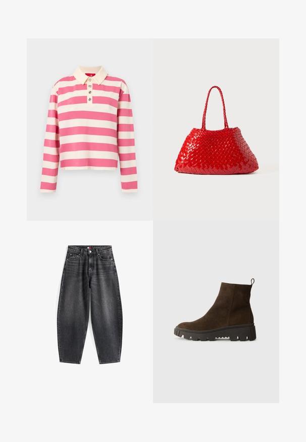 Gestreepte lange mouwen polo in roze en crème. Voorzien van een kraag en drie decoratieve knopen aan de voorkant. Gemaakt van katoen.; Hoge taille zwarte denim jeans met een relaxed fit, voorzien van vijf zakken, riemlussen en een merklabel op de tailleband.; Bruine suède enkellaars met een stevige zwarte rubberen zool, voorzien van een lichte hak en een trekband aan de achterkant voor eenvoudig aan- en uittrekken.; Rode geweven handtas met glanzende afwerking, voorzien van gevlochten handvatten. Kenmerkende driehoekige vorm en gestructureerd oppervlak met een strak patroon.