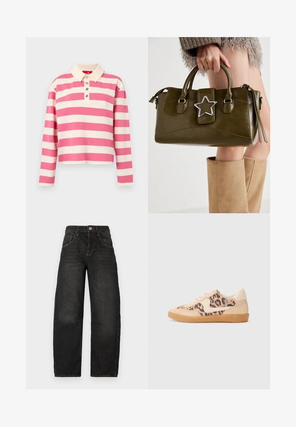 Polo de manga larga a rayas en rosa y crema. Presenta un cuello con solapa y tres botones decorativos en la parte delantera. Material de algodón.; Jeans de mezclilla negra con un diseño de pierna recta, cinco bolsillos, costuras visibles y un cierre de botón en la parte delantera. Tejido texturizado con un ligero desgaste.; Zapatillas de leopardo con parte superior de ante beige, suela de goma marrón y acentos blancos. Punta redonda y diseño con cordones con un acabado texturado.; Bolso de mano de cuero sintético verde oliva con acento de estrella plateada, doble asa y cierre de cremallera. Superficie texturizada y forma estructurada.