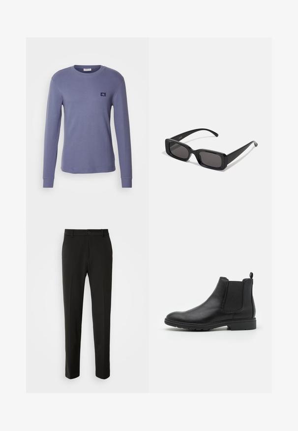 Hosszú ujjú, kerek nyakú póló világoslila pamutból, bordázott textúrával, apró logóval a mellrészen. Simább alsó szegély és szabott mandzsetta.; Fekete nadrág sima szövetből, egyenes lábakkal, gombos záródással és klasszikus designnal, amely alkalmas formális vagy hétköznapi viseletre.; Fekete bőr Chelsea csizma, elasztikus oldalpanellel és húzófüllel, lekerekített orral és texturált gumitalppal.; Fekete, téglalap alakú napszemüveg sötét lencsékkel, fényes felülettel, széles szárakkal és masszív keret designnal. Az egyik szárra gravírozott márkanevével.
