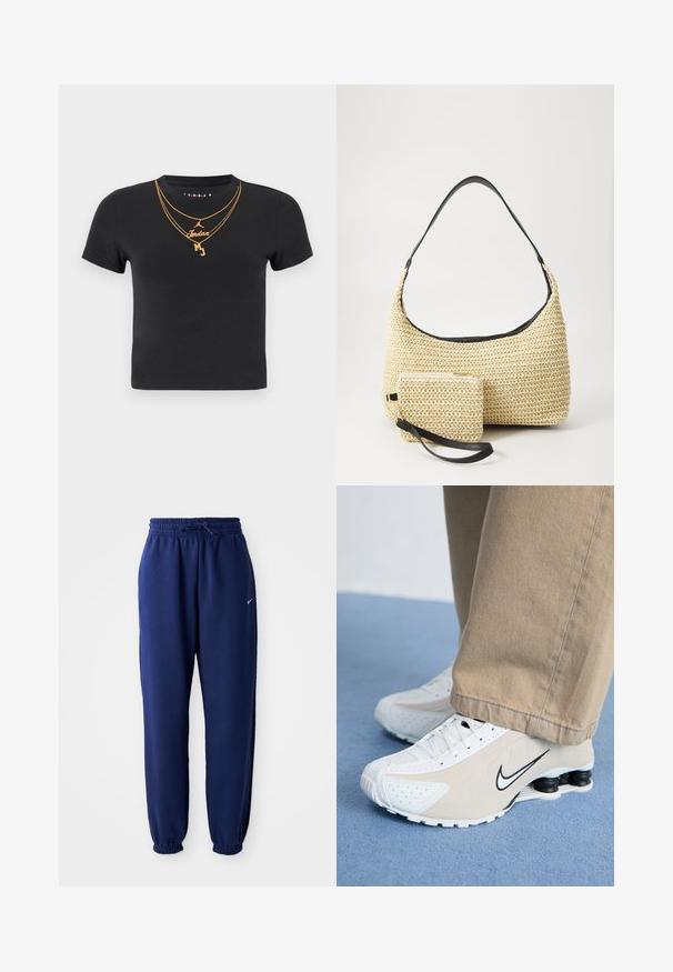 Čierne bavlnené tričko s okrúhlym výstrihom, krátkymi rukávmi a zlatými reťazovými vzormi s ozdobami "Jordan" a "MJ".; Námornícke modré tepláky vyrobené z jemného materiálu s elastickým pásom na šnúrku, elastickými manžetami a malým bielym logom.; Biele a béžové tenisky Nike s perforovaným dizajnom, čiernym logom swoosh, textúrovaným zvrškom a charakteristickou pružnou čiernou pätou.; Tkaná slamenná kabelka s prehnutým siluetom, vybavená hladkým čiernym koženým popruhom a zodpovedajúcou malou taštičkou pripevnenou pomocou zápästného popruhu.