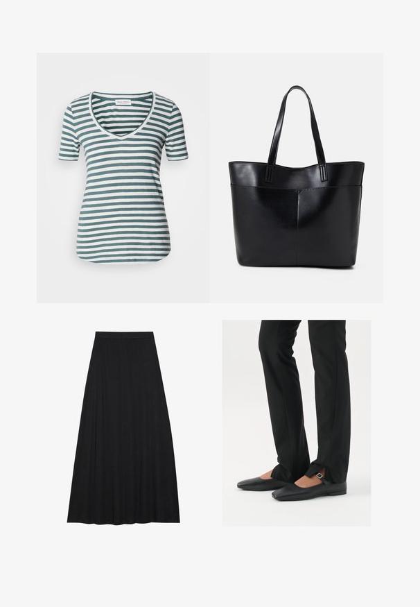 Ribaga T-särk, millel on V-kujuline kaelus, lühikesed varrukad, pehmest kangast, teal- ja valgete horisontaalsete triipudega, kumer hem.; Must muströök, mis on valmistatud pehmest ja voogavast kangast. Tal on elastne vöökoht ja täis, A-liini siluett sujuva tekstuuriga.; Mustadast mustast nahast balletkingad terava ninaga, millel on rihm hõbedase klambriga, kokku sobitatud mustade ülikondpükstega, millel on lõhiku serv.; Must mustaga musta nahast, millel on kaks pikka kanda, sile tekstuur ja struktureeritud kuju. Esipoolsel on lisakoti jaoks tasku.; Hõbedased rõngaskõrvarõngad, millel on sile, läikiv viimistlus. Ümmargune kuju ja turvaline klõpsulatus. Kerge disain, sobib igapäevaseks kandmiseks.