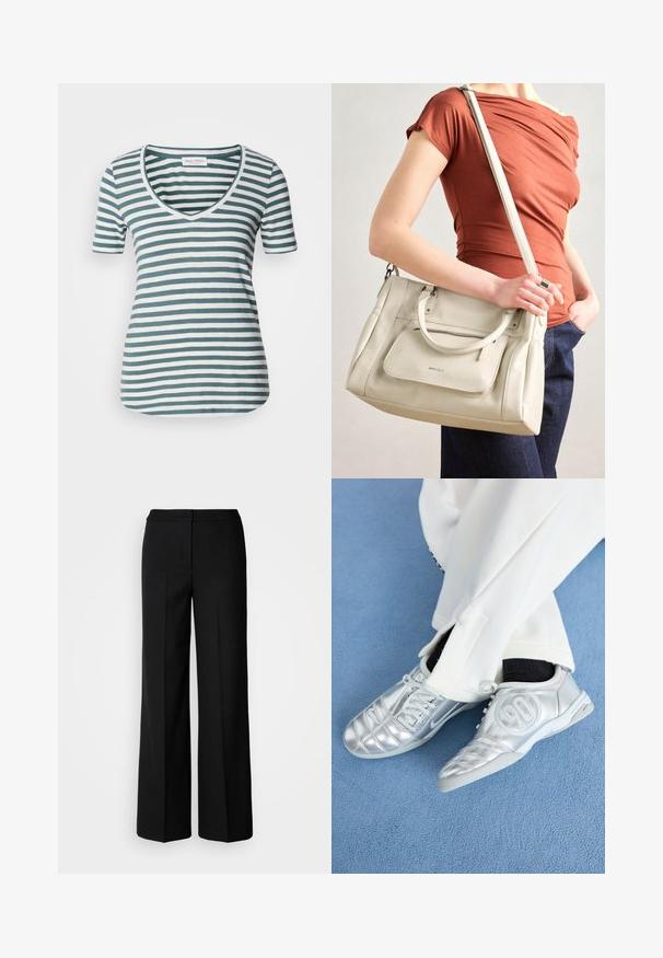 Juostuota marškinėlių su V iškirpte, trumpomis rankovėmis, pagaminta iš minkštos medžiagos, turinti melsvai žalios ir baltos horizontalios juostos, su išlenktu apačiu.; Juodos plačios kojų kelnės su lygia medžiaga, pasižyminčios aukštu liemeniu, pritaikytais siūlėmis ir minimalistiniu dizainu. Nėra matomų metalo detalių ar kišenių.; Sidabriniai sportiniai batai su lygiu, blizgiu paviršiumi, turintys siuvinėtą dizainą ir numerį 90 šone, derinami su baltais kelnėmis.; Balta odinė rankinė su dviem rankenomis ir nuimama petneša, turinti priekinį užtrauktuką ir lygų paviršių. Nešama ant žmogaus rankos.; Sidabrinės auskarų kilpos su lygiu, blizgiu paviršiumi. Apvalios formos su šiek tiek išlenktu dizainu ir sumaišytomis briaunomis. Smeigtuko užsegimas.