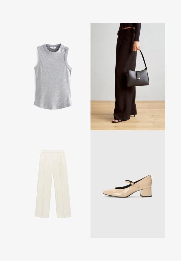 Next RACER STANDARD - Top - grey marl; Wijdgevallen broeken in een lichtcrème kleur. Gemaakt van een zachte stof met plooien aan de voorkant en zijzakken.; Beige patenten leren Mary Jane schoenen met een neptop, een gespsluiting en een middelhoge blokhak. Glad textuur met een glanzende afwerking.; Zwarte handtas met gestructureerde vorm, gladde textuur en een metalen sluiting. Gecombineerd met brede zwarte broeken en sandalen met open teen op een houten vloer.